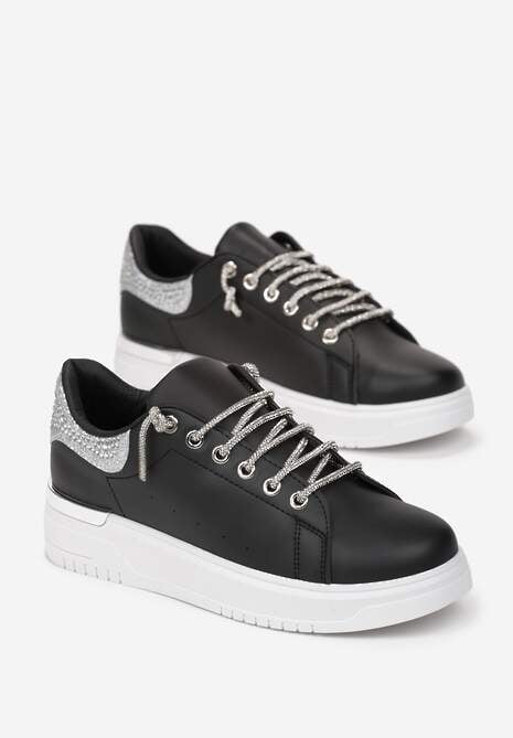 Czarne Płaskie Sneakersy na Grubej Podeszwie z Aplikacjami i Metalową Wstawką Torey