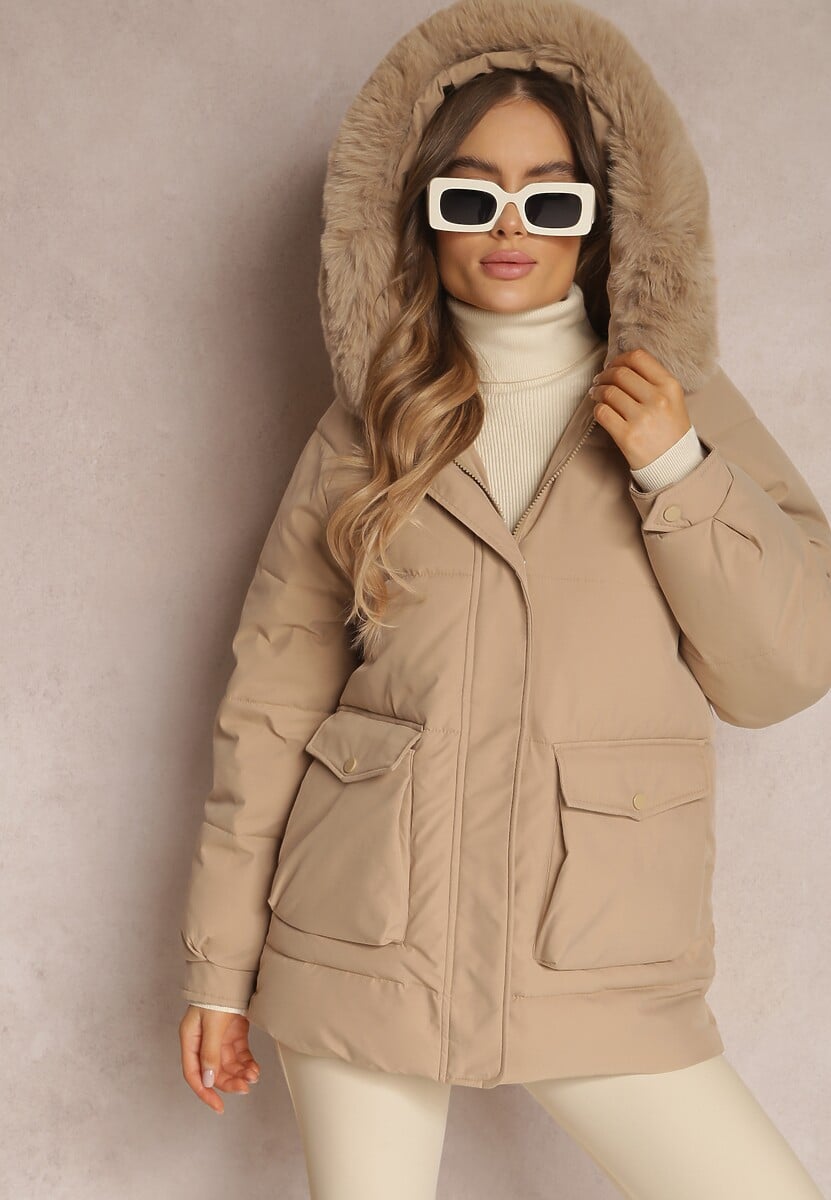Jasnobeżowa Kurtka Pudełkowa z Odpinanym Futerkiem Bastebius