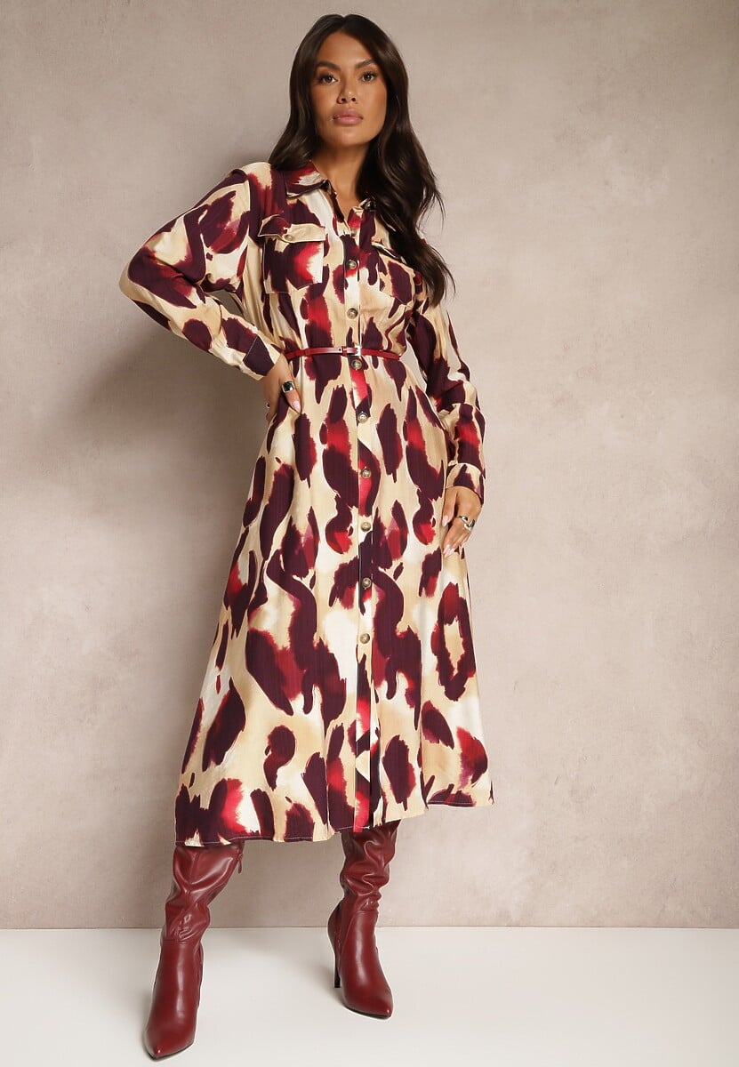 Czerwono-Beżowa Wzorzysta Sukienka o Koszulowym Kroju z Paskiem z Plecionki Mirirani