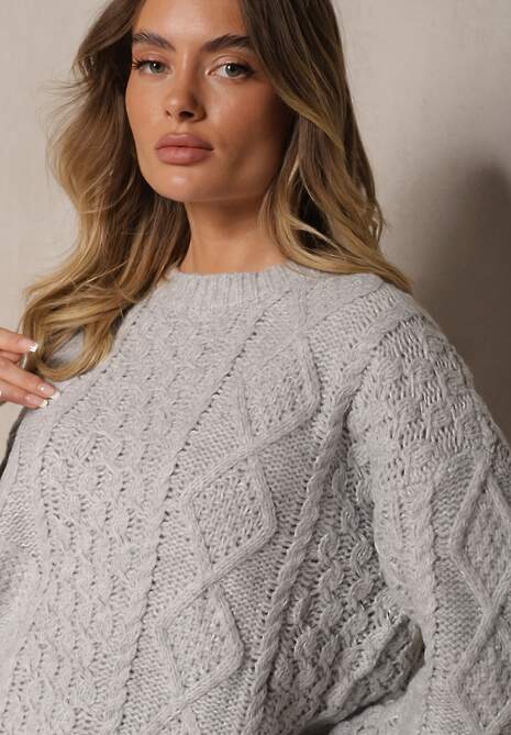 Szary Pudełkowy Sweter z Wełną i Wiskozą o Tłoczonym Splocie Vaithra