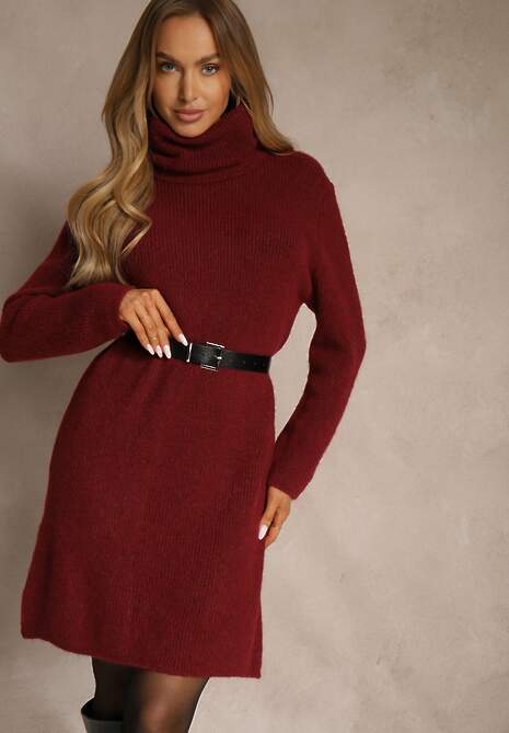 Bordowa Sweterkowa Sukienka Golf z Wełną i Wiskozą Fedorina