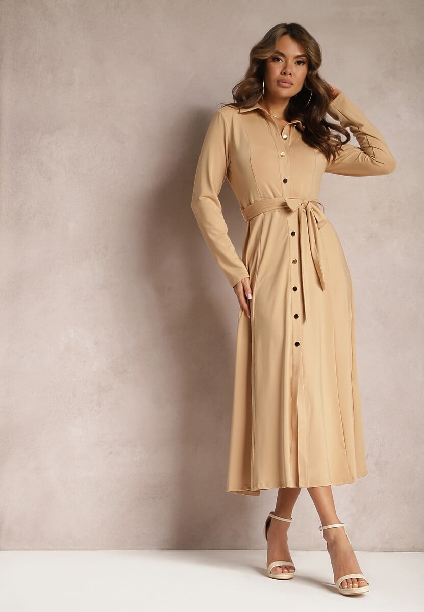 Beżowa Długa Sukienka Koszulowa z Wiązaniem w Talii Levae