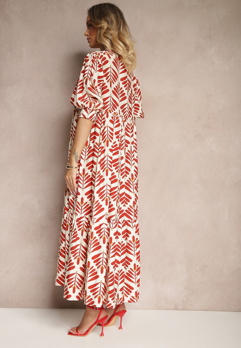 Czerwona Sukienka z Wiskozą o Rozkloszowanym Kroju w Roślinny Wzór Heledis