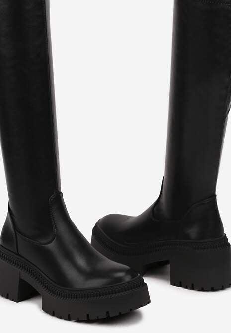 Czarne Kozaki na Obcasie Typu Słupek z Wysoką Dopasowaną Cholewką Laoliana