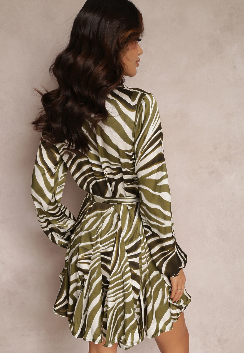 Ciemnozielona Sukienka Koszulowa z Nadrukiem i Wiązanym Paskiem Omonis