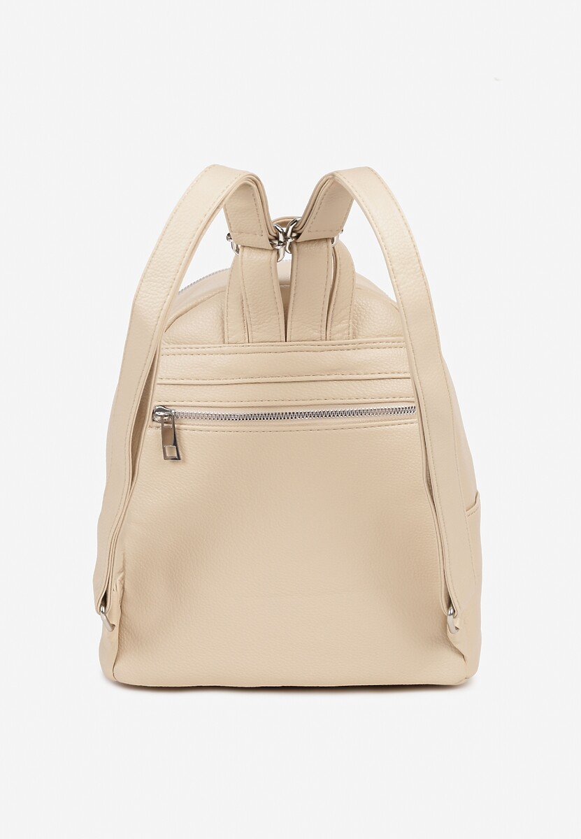 Beżowo-Kremowy Casualowy Plecak Ozdobiony Metalicznym Logo i Pikowaniem Jaloedi