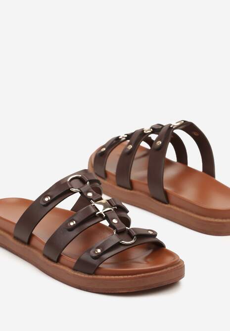 Ciemnobrązowe Klapki Zdobione Aplikacjami z Metalicznym Połyskiem Lisathea