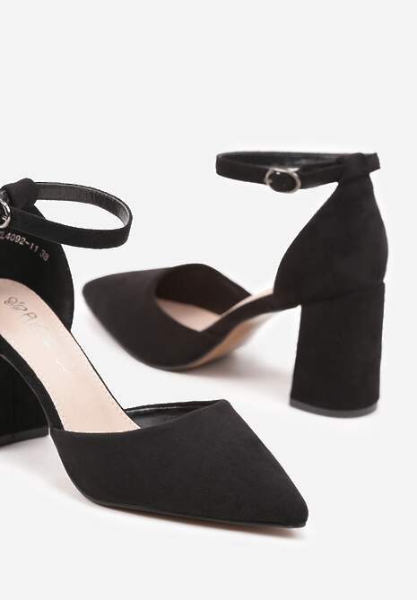 Czarne Czółenka na Obcasie ze Skórzaną Wkładką i Paskiem Wokół Kostki Veliona