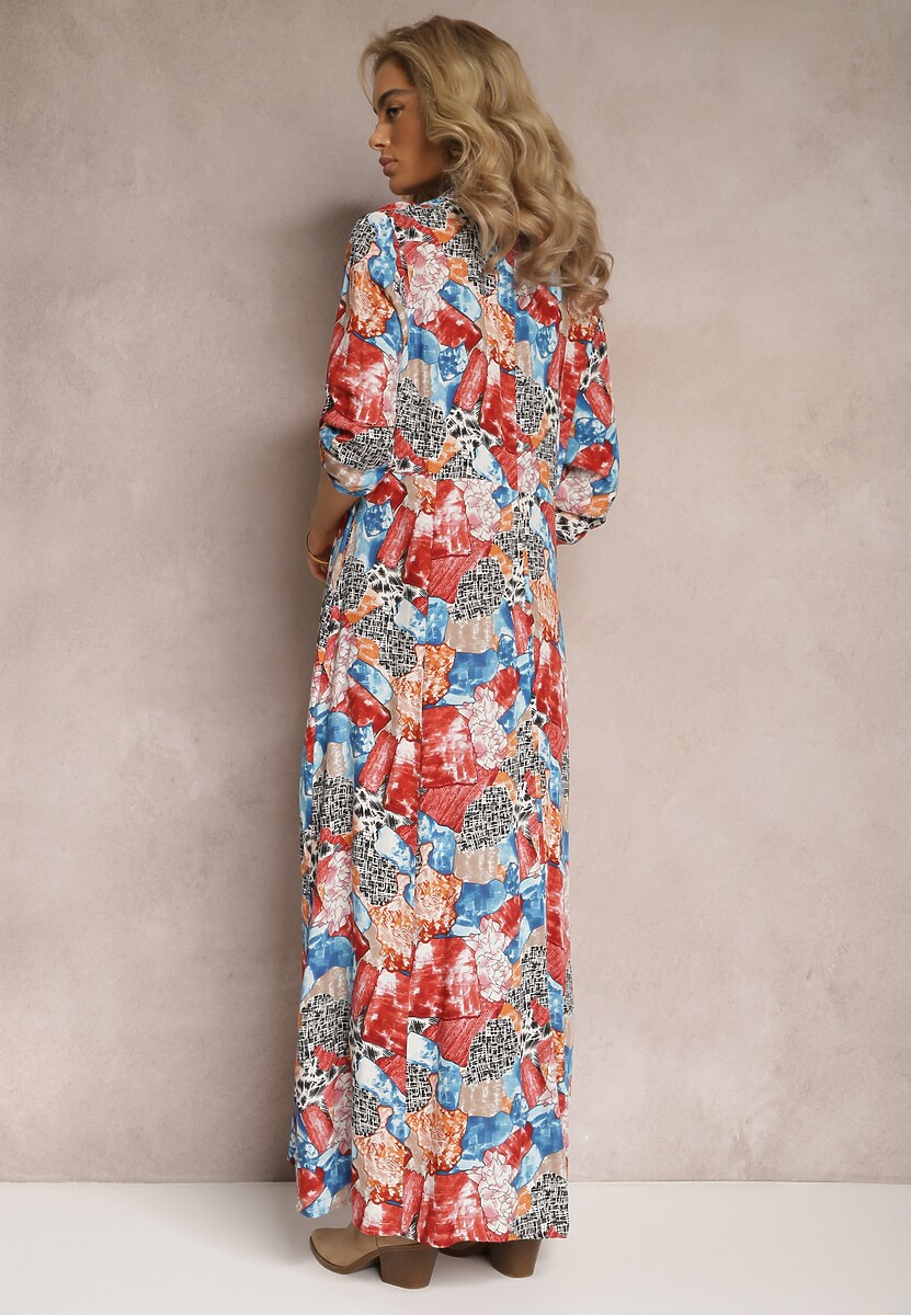 Czerwono-Niebieska Sukienka Koszulowa z Wiązanym Sznurkiem Longishah