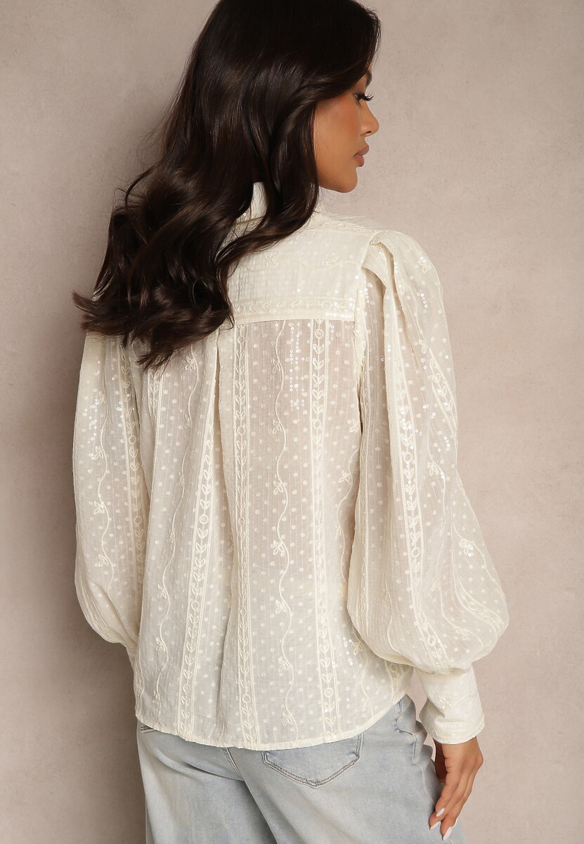 Beżowa Koszula z Przezroczystego Materiału z Cekinami Temithanel