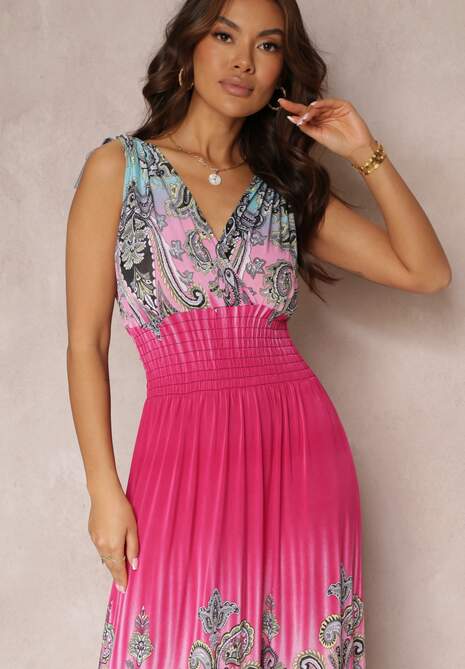 Ciemnoróżowa Rozkloszowana Sukienka z Gumką w Talii i Sznurkami na Ramiączkach Railia