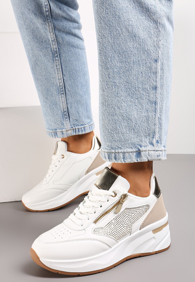 Biało-Beżowe Sneakersy Ozdobione Cyrkoniami i Suwakiem na Grubej Podeszwie Migenna