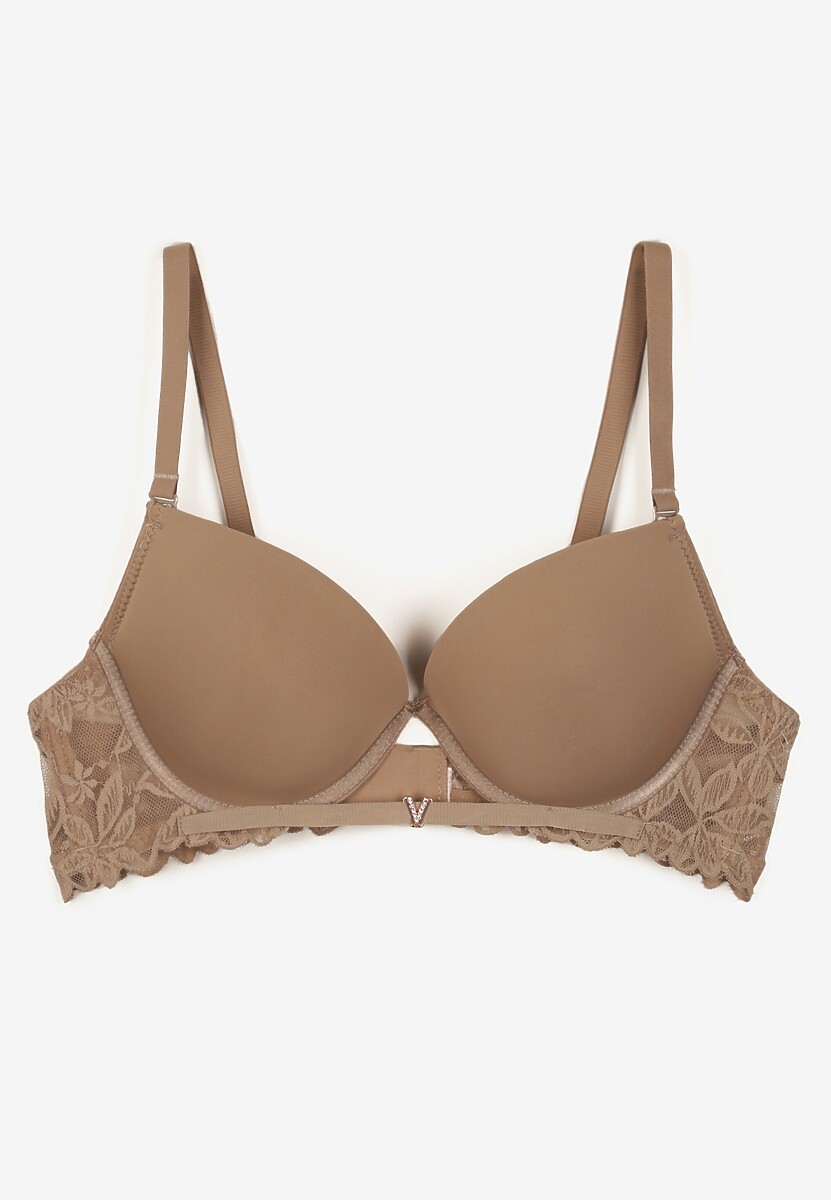 Ciemnobeżowy Biustonosz Push-Up z Koronką i Wycięciem z Przodu Sariaris