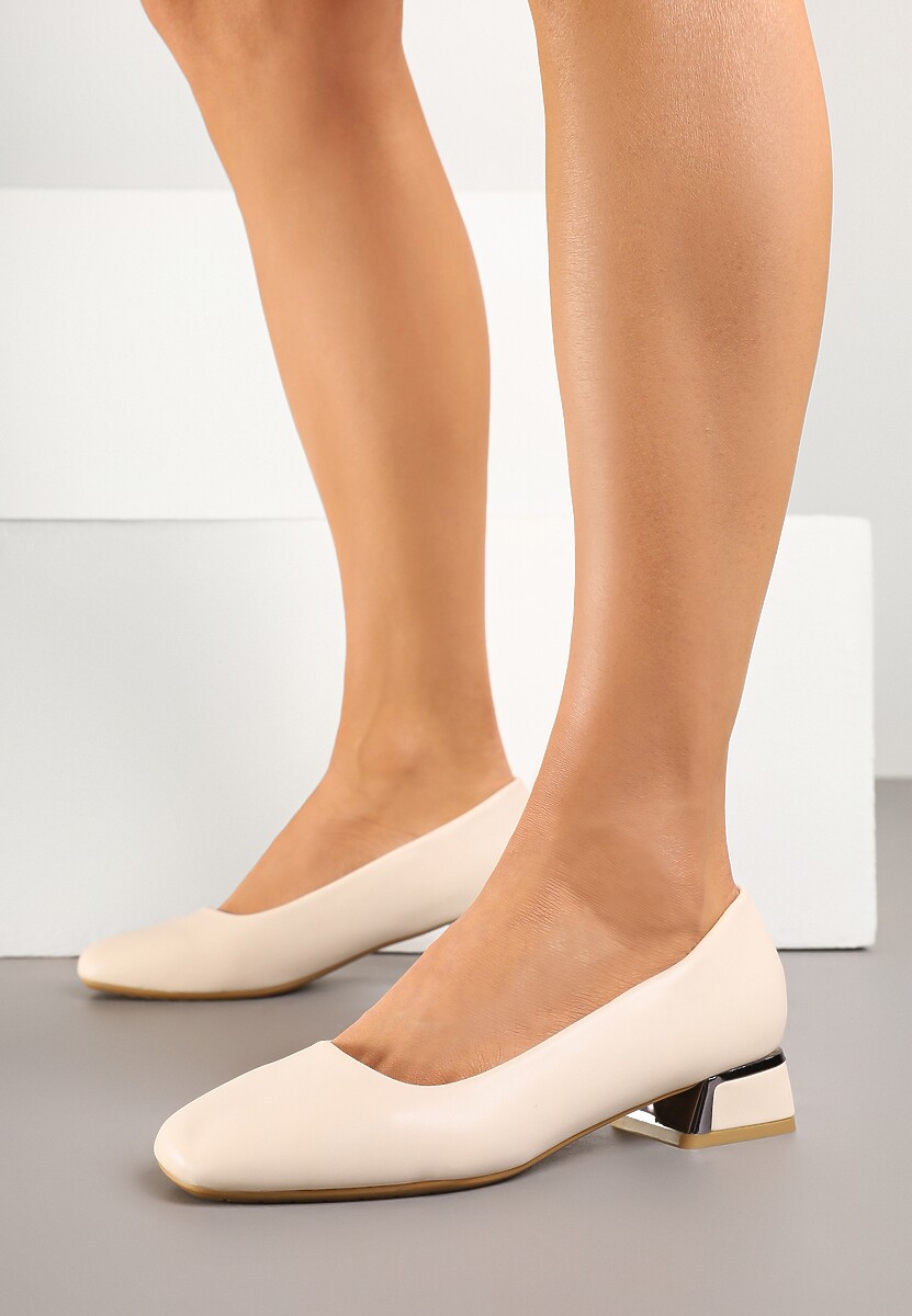 Beżowe Czółenka na Niskim Słupku z Wkładką ze Skóry Naturalnej Niline