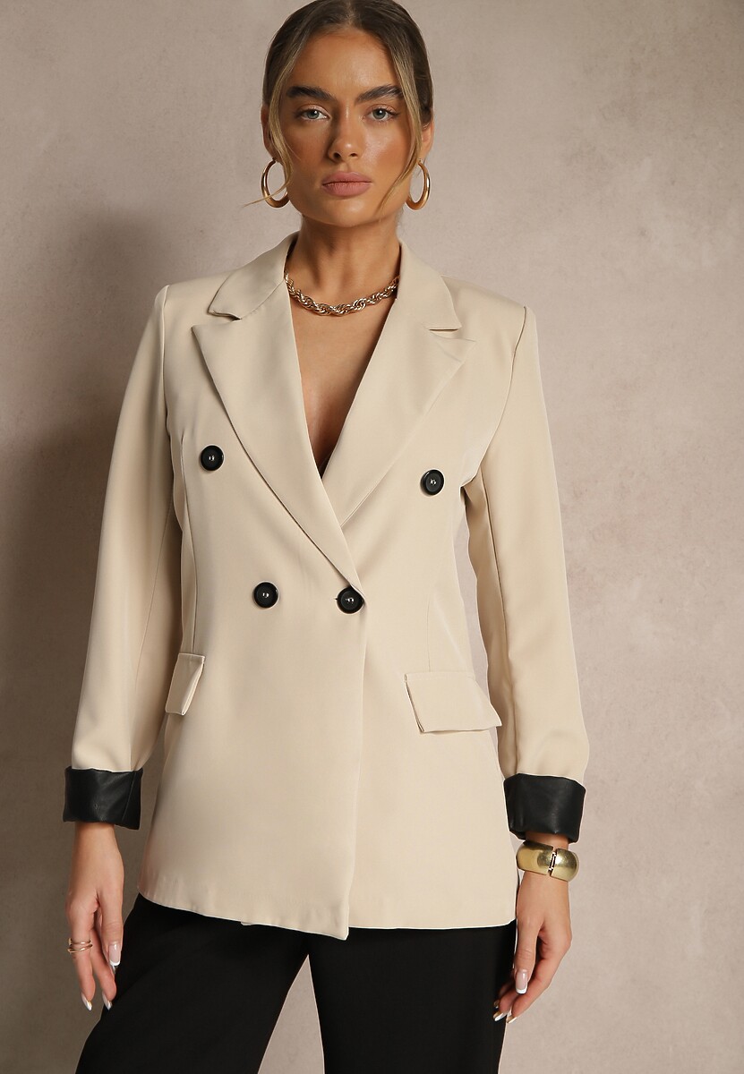 Beżowa Taliowana Marynarka Ozdobiona Klapami Evelhiria