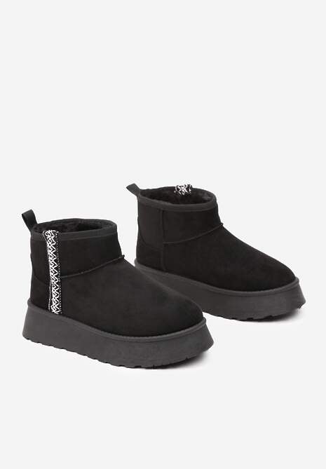 Czarne Krótkie Śniegowce na Platformie z Ozdobną Tasiemką Motavia