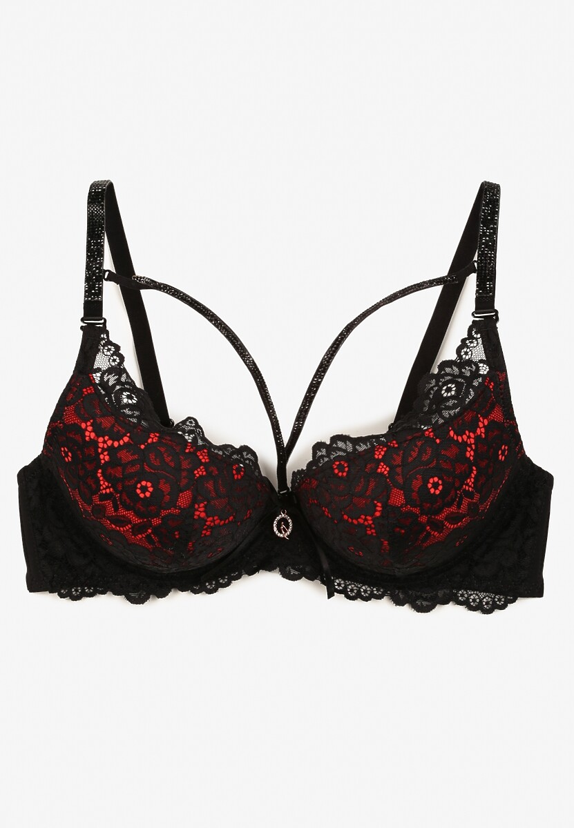 Czarno-Czerwony Koronkowy Biustonosz z Cyrkoniami i Efektem Push-Up Ivantia