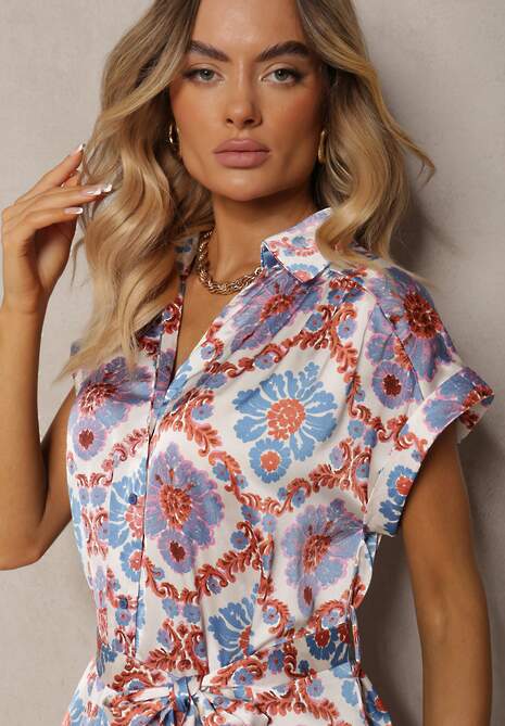 Niebiesko-Różowa Rozkloszowana Sukienka Boho z Wiskozą o Koszulowym Kroju Ozdobiona Paskiem Josofia