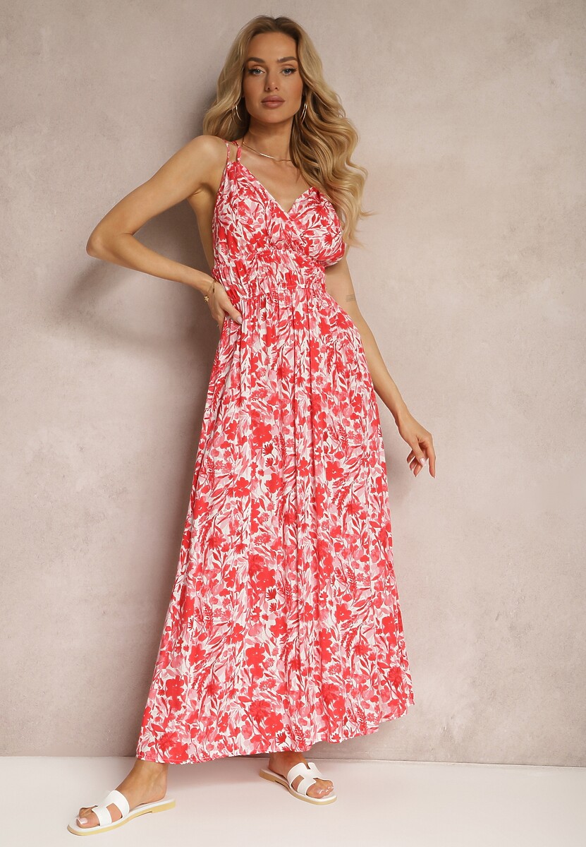 Czerwona Wiskozowa Sukienka na Lato z Podwójnymi Ramiączkami w Kwiatki z Gumką w Talii Triaire