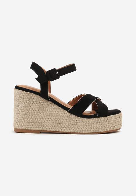 Czarne Sandały na Plecionym Koturnie Zapinane na Sprzączkę Wokół Kostki Caldoni