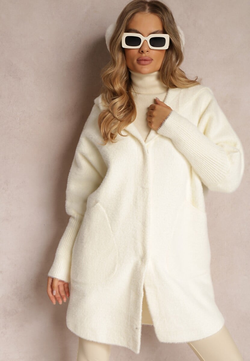 Jasnobeżowy Płaszcz Wełniany z Alpaką Oversize Długi z Kapturem Ortylia