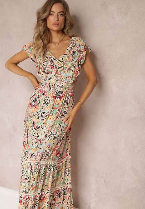 Beżowa Wiskozowa Sukienka Maxi z Pomponami i Gumką w Talii Belmona