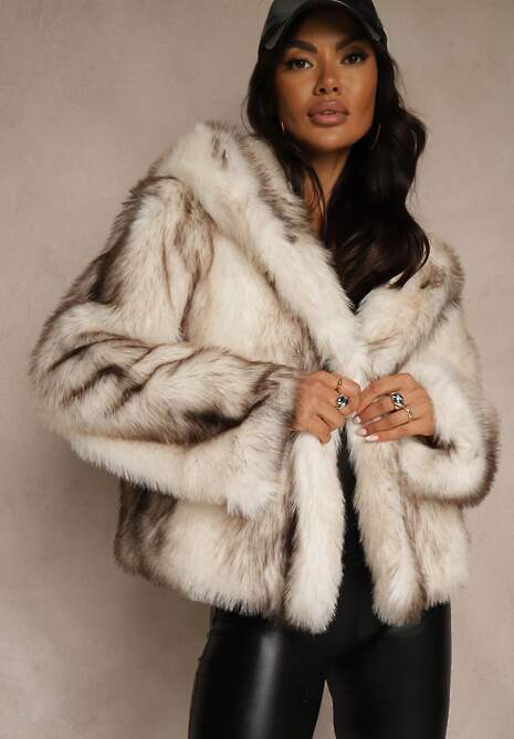 Jasnobeżowa Kurtka Futerko z Nieodpinanym Kapturem Tusnema