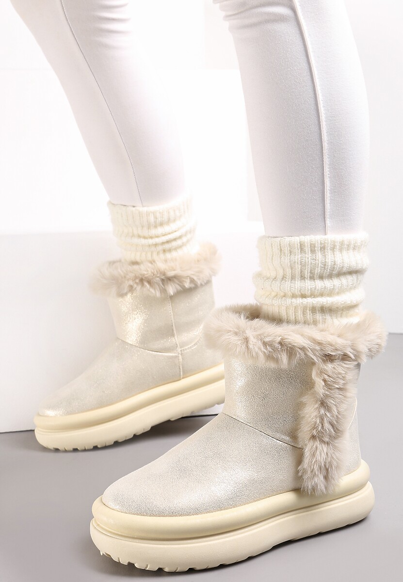 Beżowe Śniegowce za Kostkę z Futerkiem na Platformie Daxolina