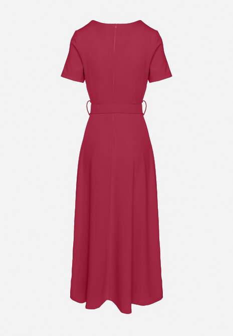 Ciemnoróżowa Sukienka o Rozkloszowanym Kroju z Ozdobnym Paskiem Desiliena