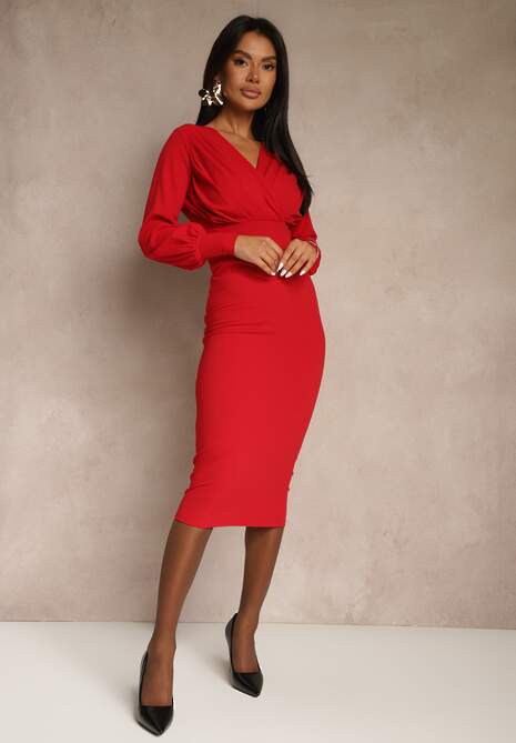 Czerwona Koktajlowa Kopertowa Sukienka z Bufiastymi Rękawami Edellira