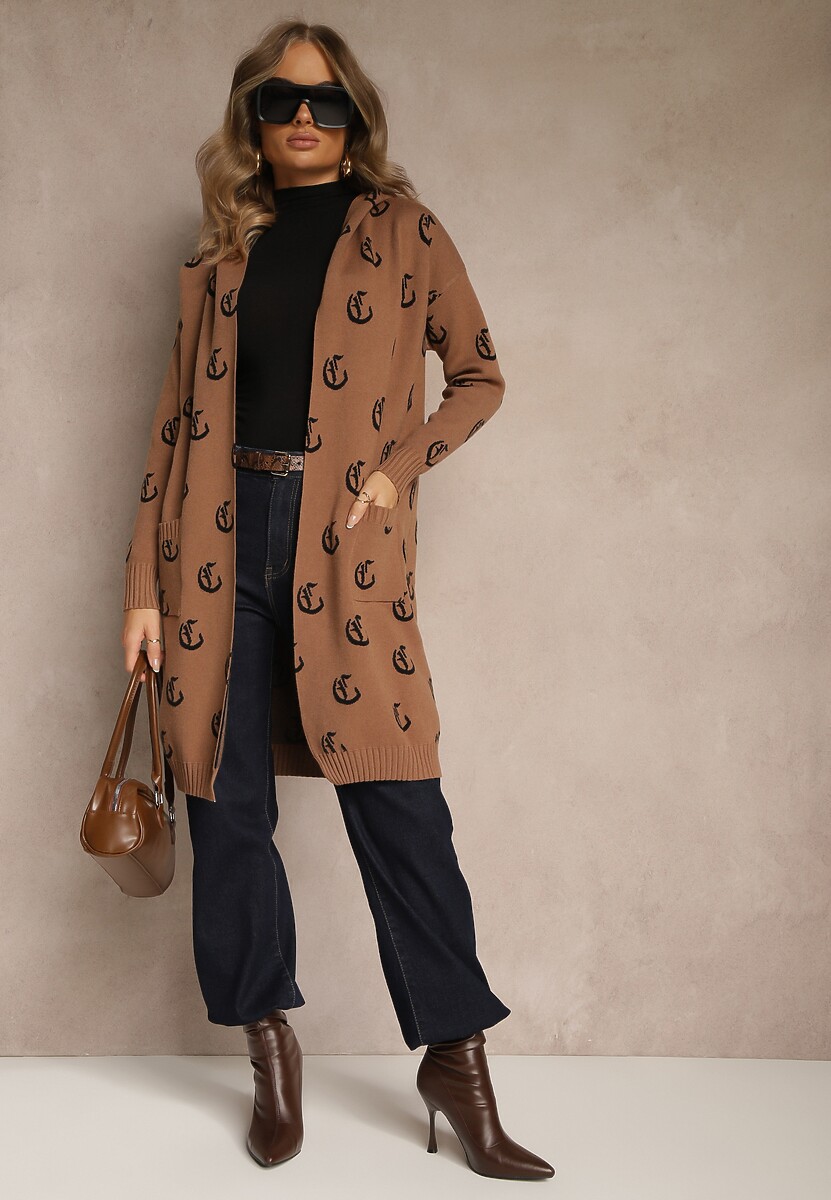 Brązowy Kardigan z Kapturem Ozdobiony Geometrycznym Motywem Ralanessa