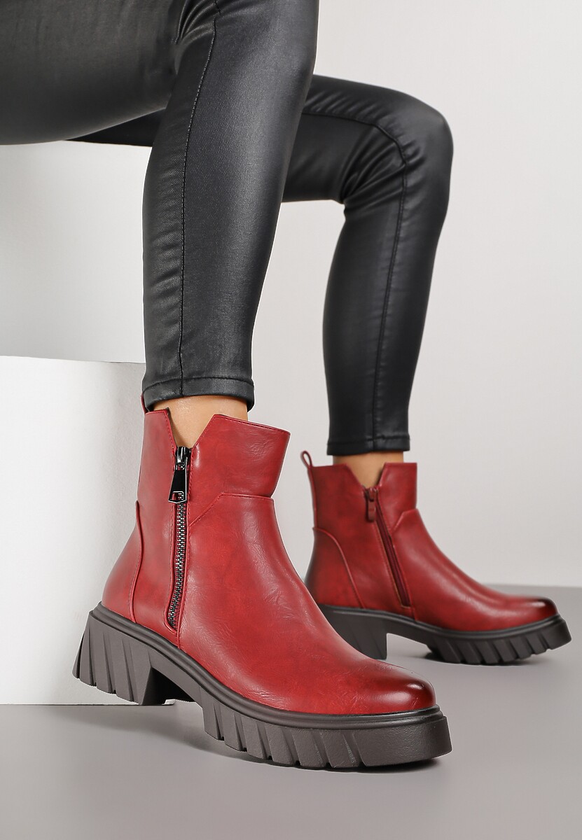 Czarne Botki do Kostki z Suwakiem na Grubej Podeszwie z Tłoczeniami Redvira