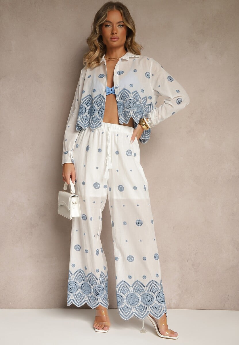 Biały Komplet z Bawełny Zdobiony Haftem Koszula i Spodnie Savirice