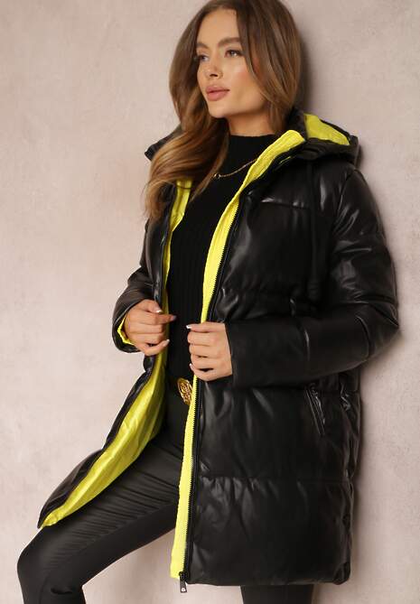 Czarno-Żółta Kurtka Pikowana z Imitacji Skóry Helle