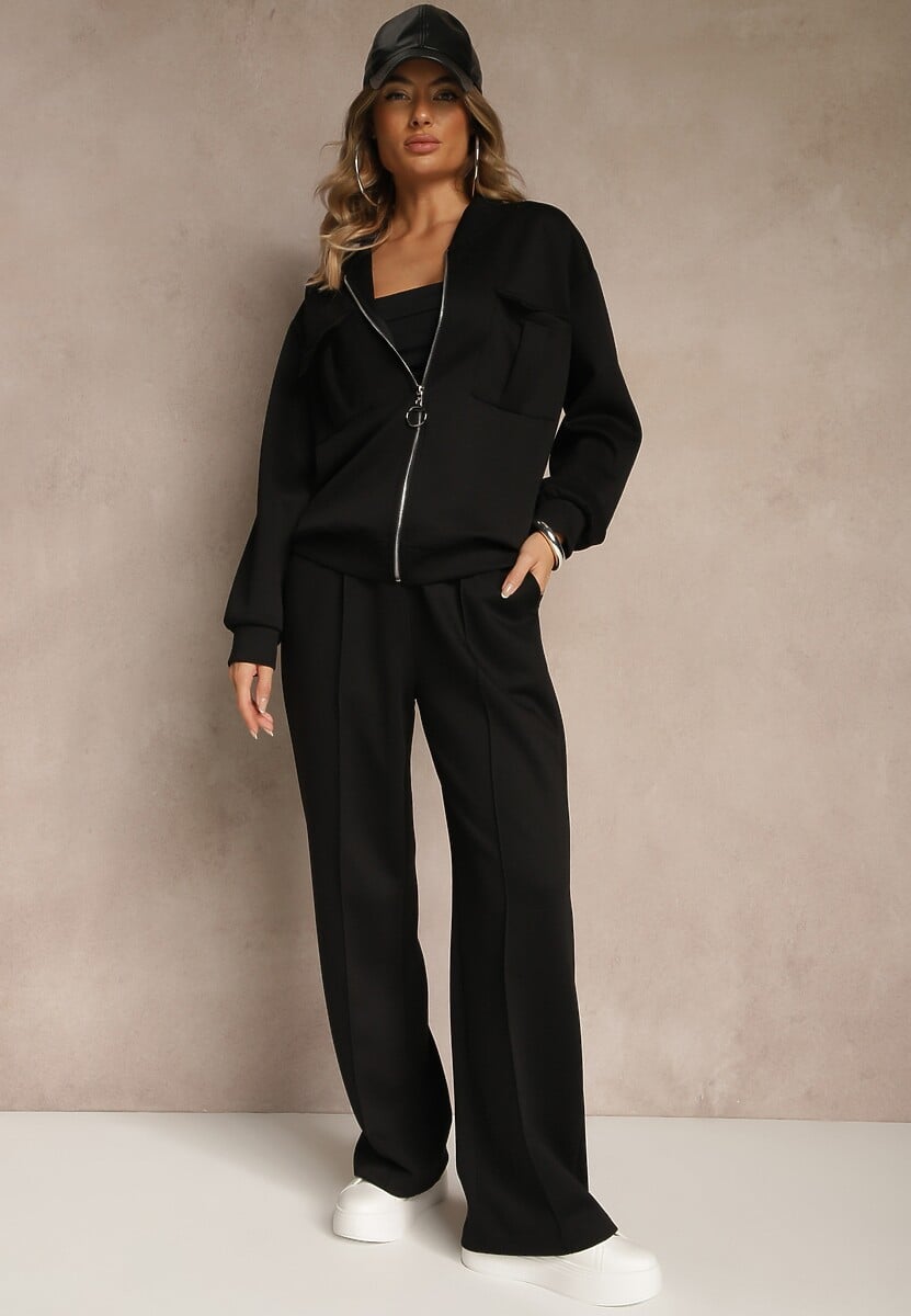 Czarny Komplet Dresowy z Bawełny Zasuwana Bluza i Spodnie Teviora