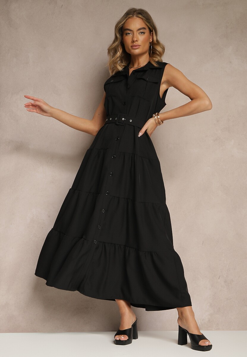 Czarna Sukienka Koszulowa z Ozdobnymi Guzikami i Paskiem Maviosa