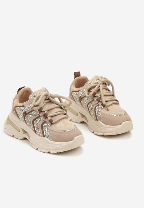 Ciemnobeżowe Sznurowane Sneakersy na Platformie Ozdobione Brokatem Ewla
