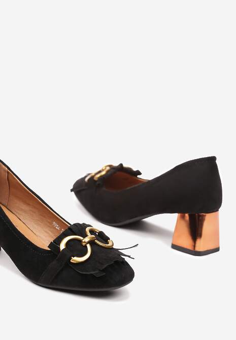 Czarne Czółenka na Geometrycznym Klocku z Frędzlami i Metaliczną Ozdobą Tivala