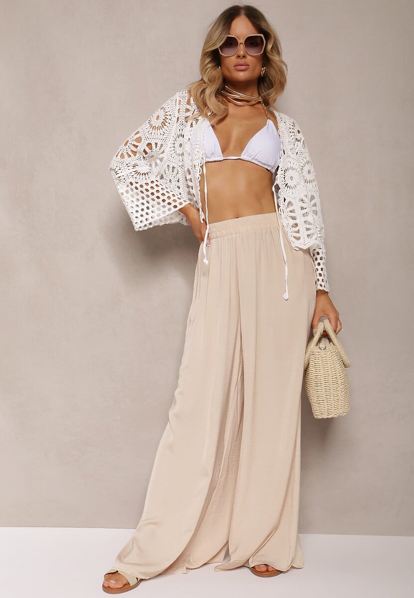 Biały Bawełniany Wiązany Kardigan Narzutka z Ażurowym Motywem Lunalea