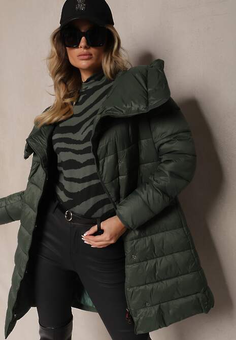 Zielona Długa Pikowana Kurtka z Kapturem i Dodatkowym Paskiem Hanovia