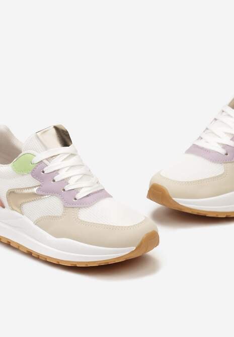 Beżowo-Fioletowe Sneakersy na Płaskiej Podeszwie ze Sznurowaniem i Materiałowymi Wstawkami Haretta
