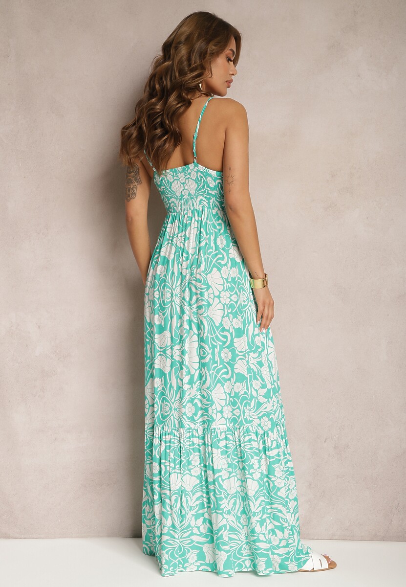Zielona Bawełniana Sukienka Maxi na Ramiączkach z Kwiatowym Wzorem i Falbanką Mawidiona