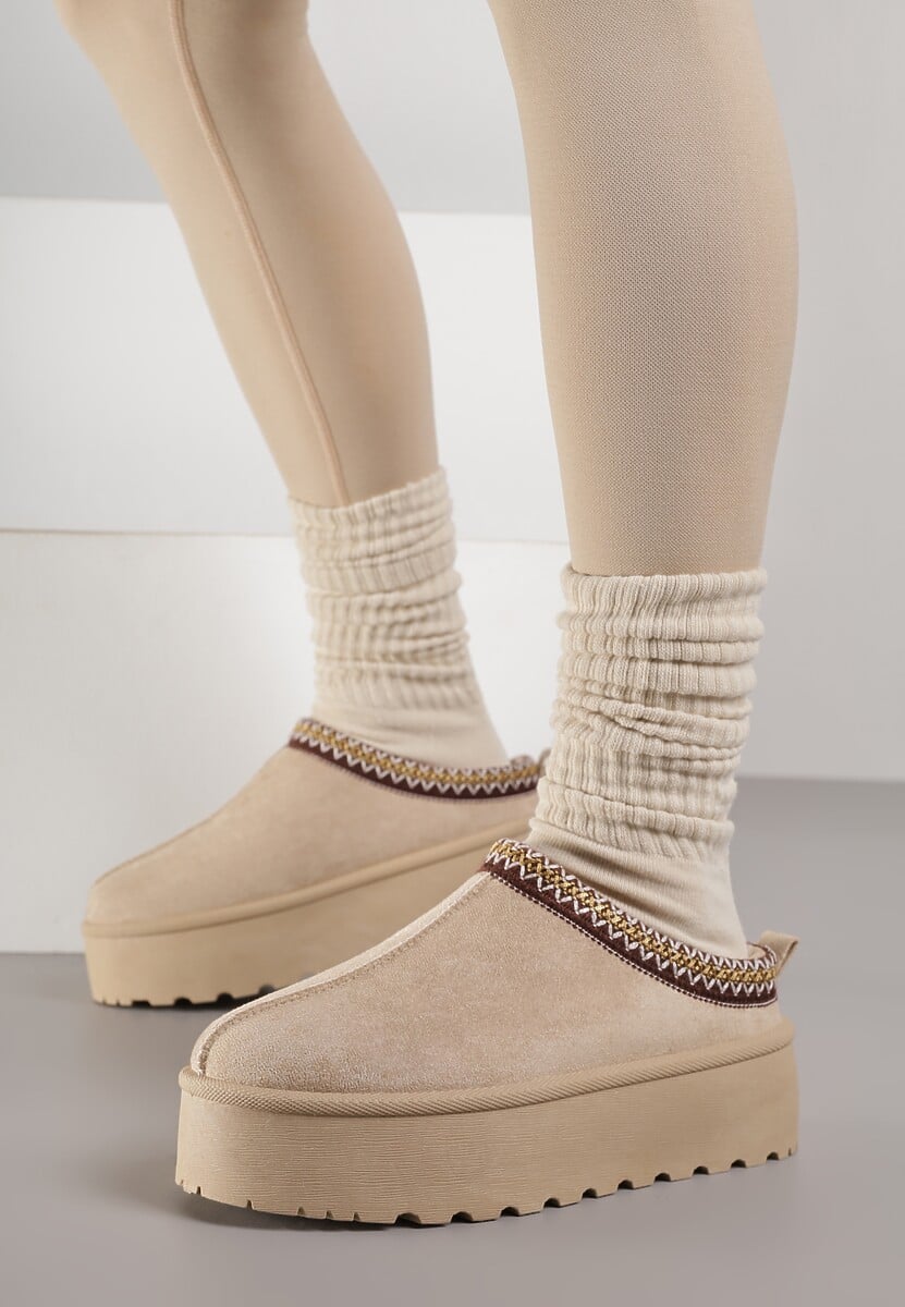 Beżowe Śniegowce na Platformie z Ozdobnym Paskiem Lotiara