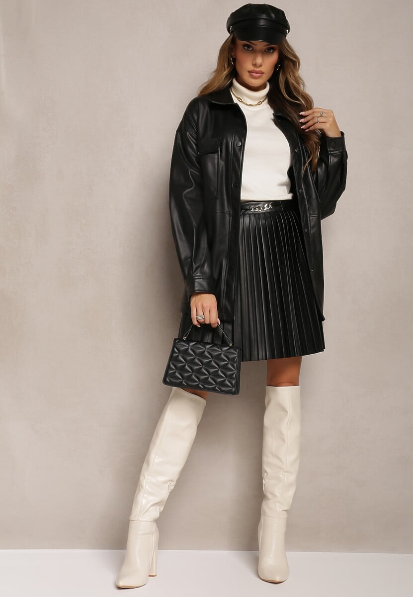 Czarna Plisowana Spódnica Mini z Imitacji Skóry Eshin