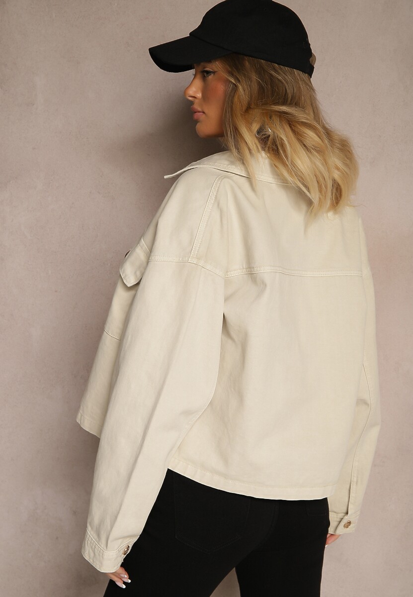 Jasnobeżowa Kurtka Koszulowa z Bawełny w Stylu Utility z Metalicznymi Guzikami Sallient