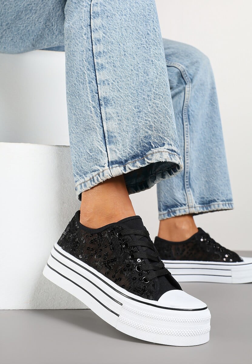 Czarne Trampki Vices z Siateczki z Cekinami na Grubej Podeszwie Telanila