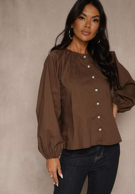 Brązowa Bawełniana Koszula Ozdobiona Marszczeniem i Guzikami z Cyrkoniami Zenana