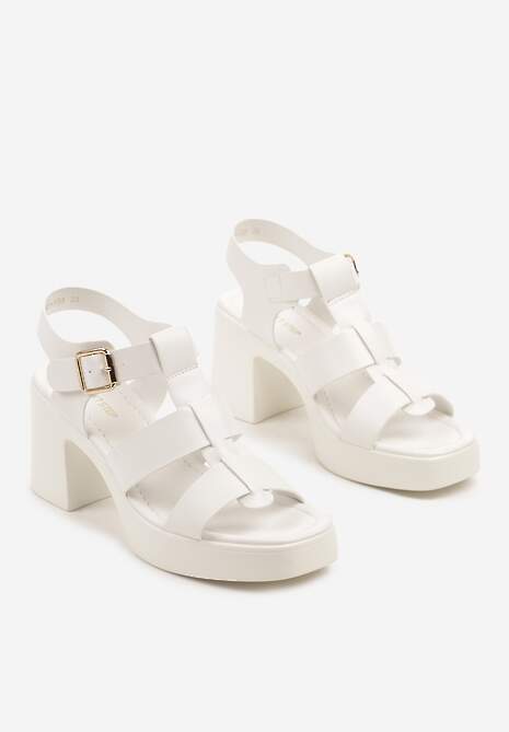 Białe Sandały na Słupku i Platformie Ozdobione Trzema Paskami Talzivia