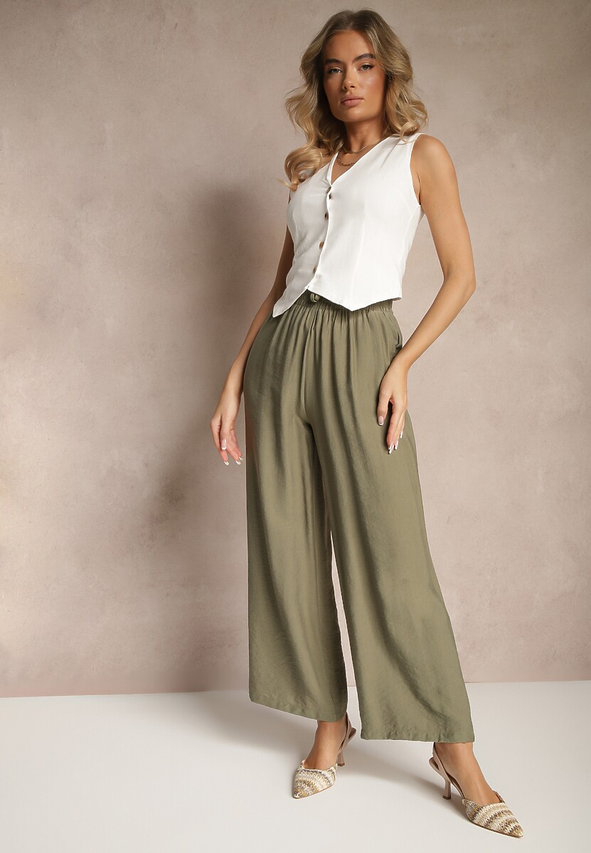 Zielone Spodnie o Szerokim Kroju High Waist z Wiązaniem Fenalin