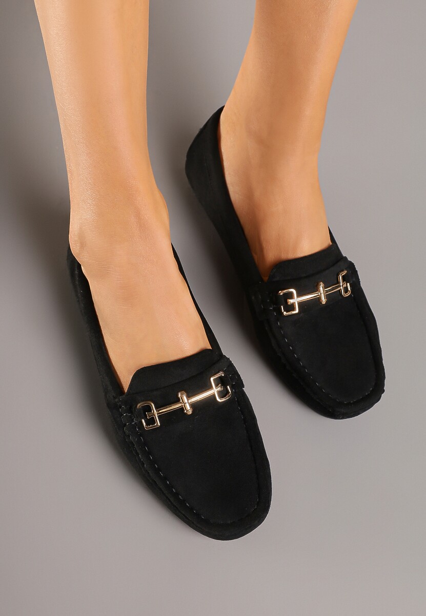 Czarne Mokasyny z Imitacji Zamszu z Ozdobną Metaliczną Aplikacją Sovtewi
